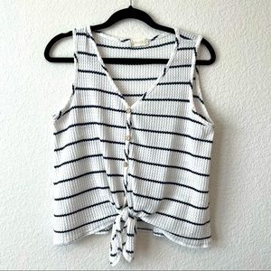 Altard State Womens Tank Top Navy White Striped Tie Knot Neck Stretch Button Med